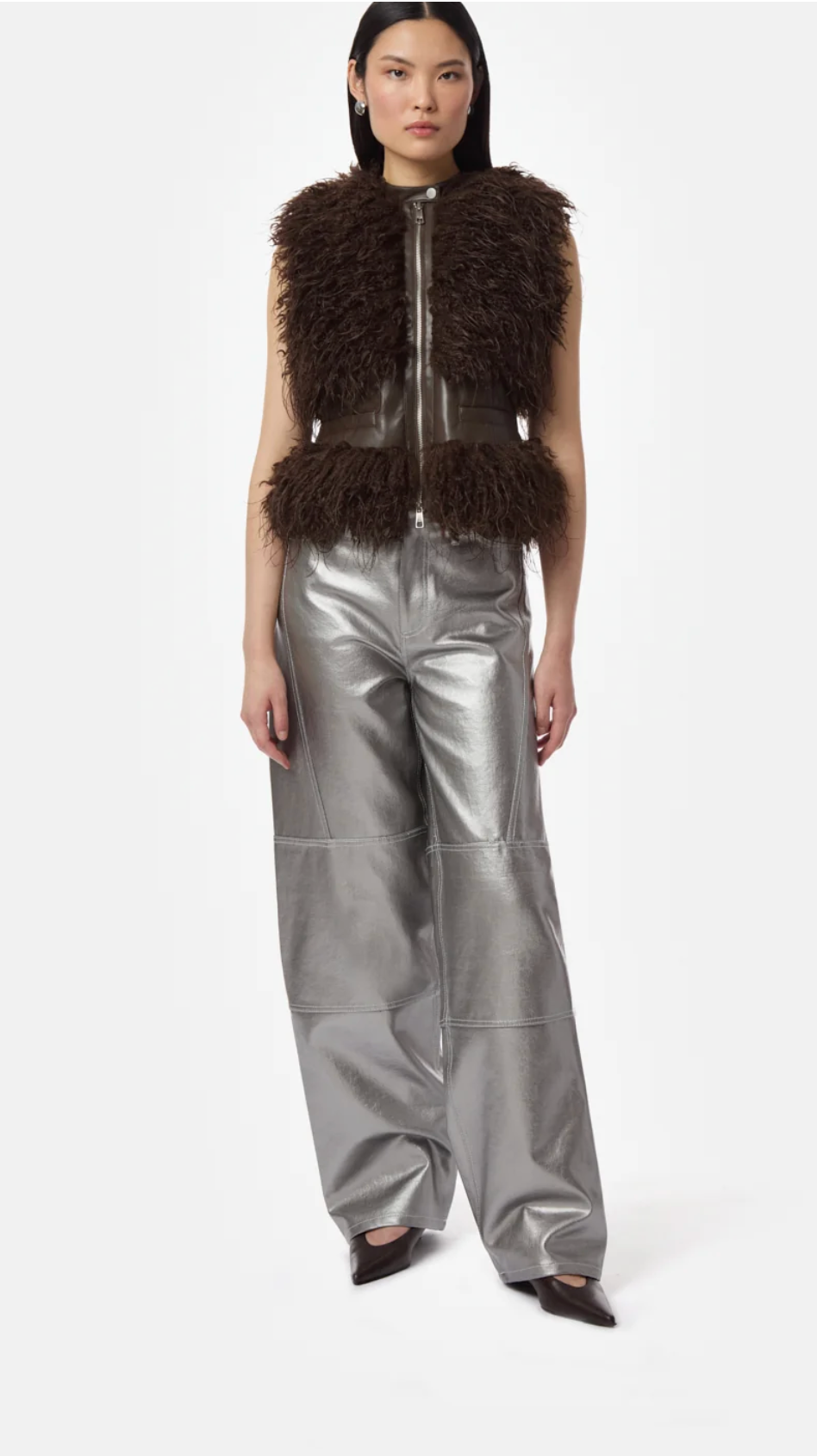 Model in Apparis Cleo Mongolian Vest in Deep Brown 