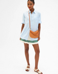 Model in Clare V Petit Moyen Messenger in Natural Woven Checker 