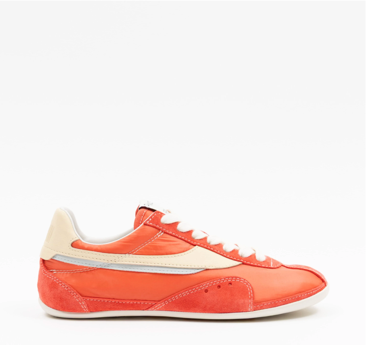 Orange sneaker with white accents on a white background