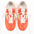 Pair of orange sneakers with white laces on a white background