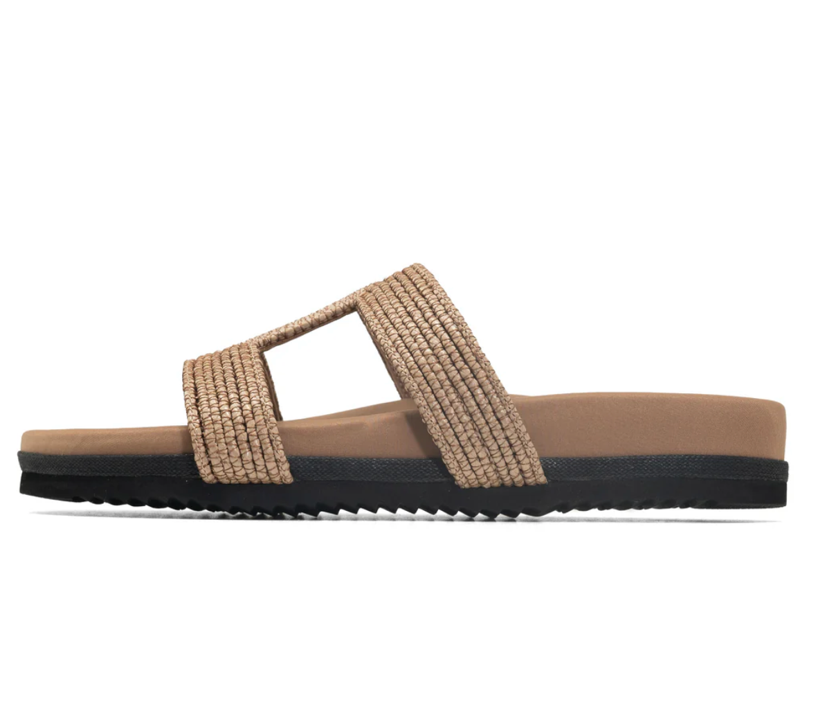 Brown sandal with black sole on a white background