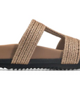 Brown sandal with a black sole on a white background