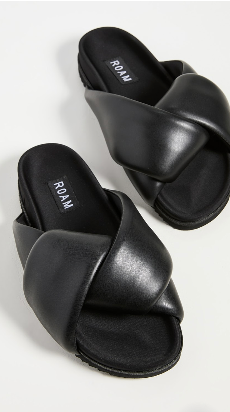 roam foldy puffy sandals black vegan leather