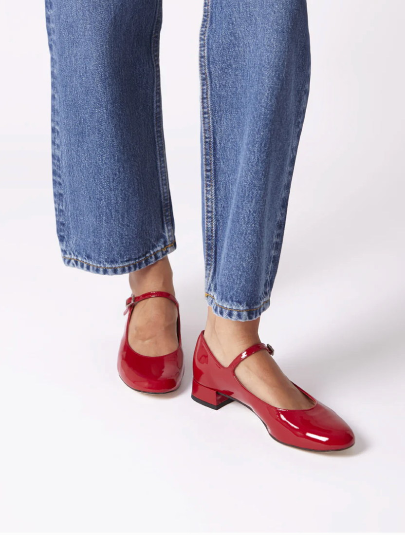 red glossy mary janes