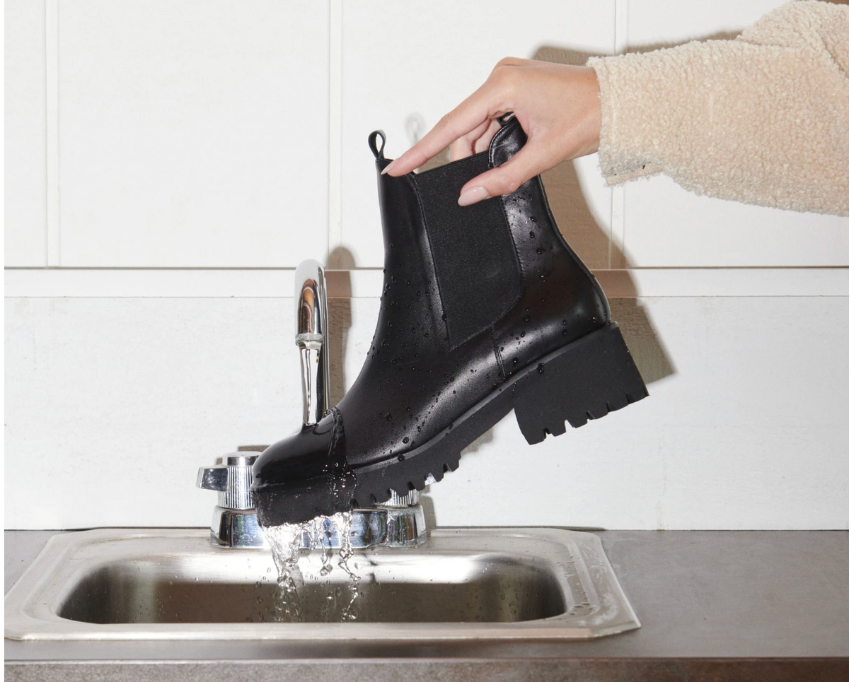 Running Water Over Freda Salvador Brooke Rain Resistant Boot in Black Calf 
