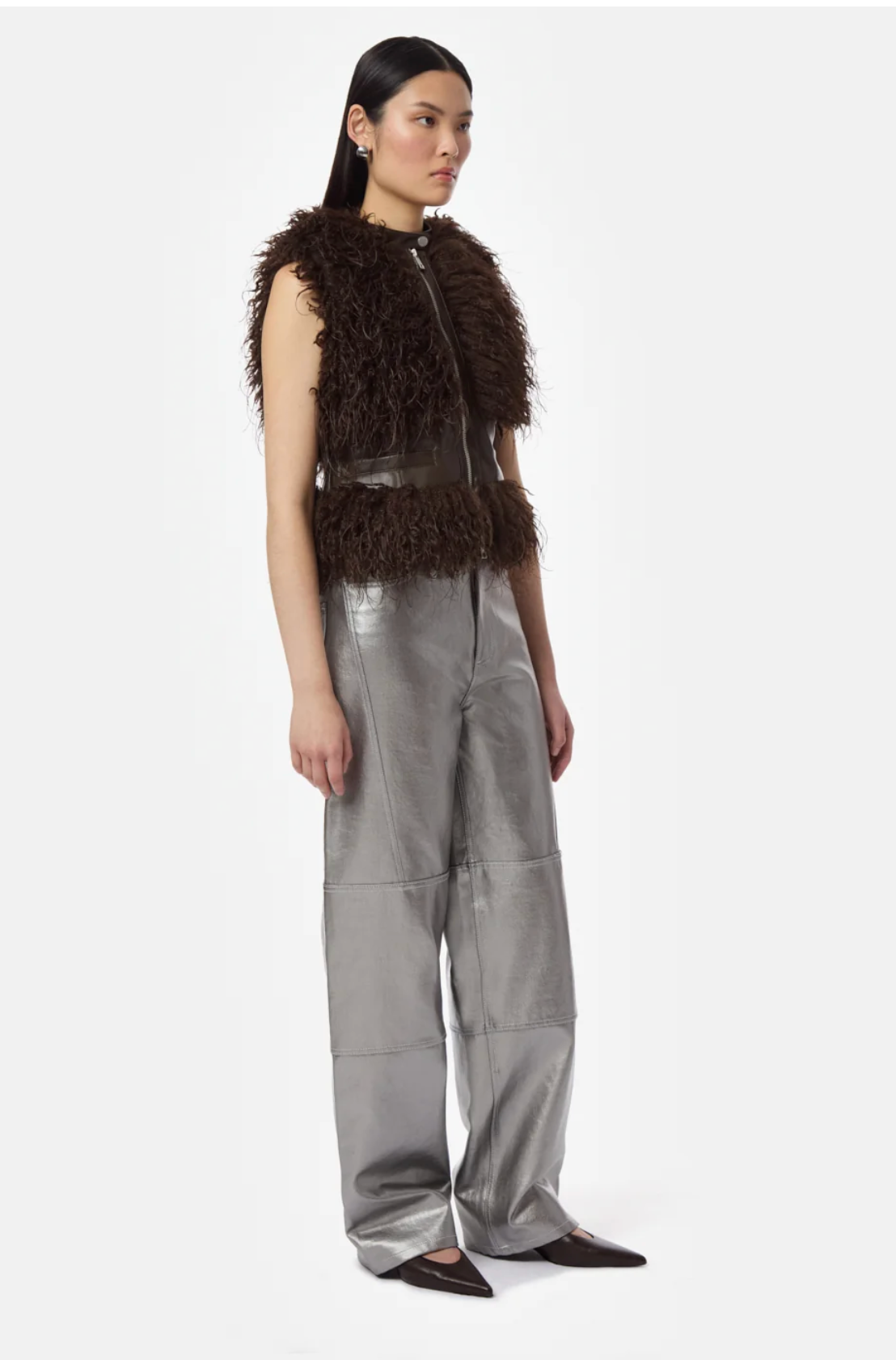 Side View Model in Apparis Cleo Mongolian Vest in Deep Brown 