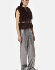 Side View Model in Apparis Cleo Mongolian Vest in Deep Brown 