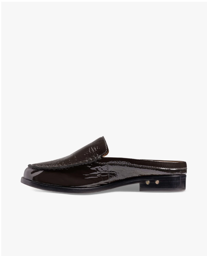 Side View of Beek Owlet Leather Loafer Mule in Coffee Patent 