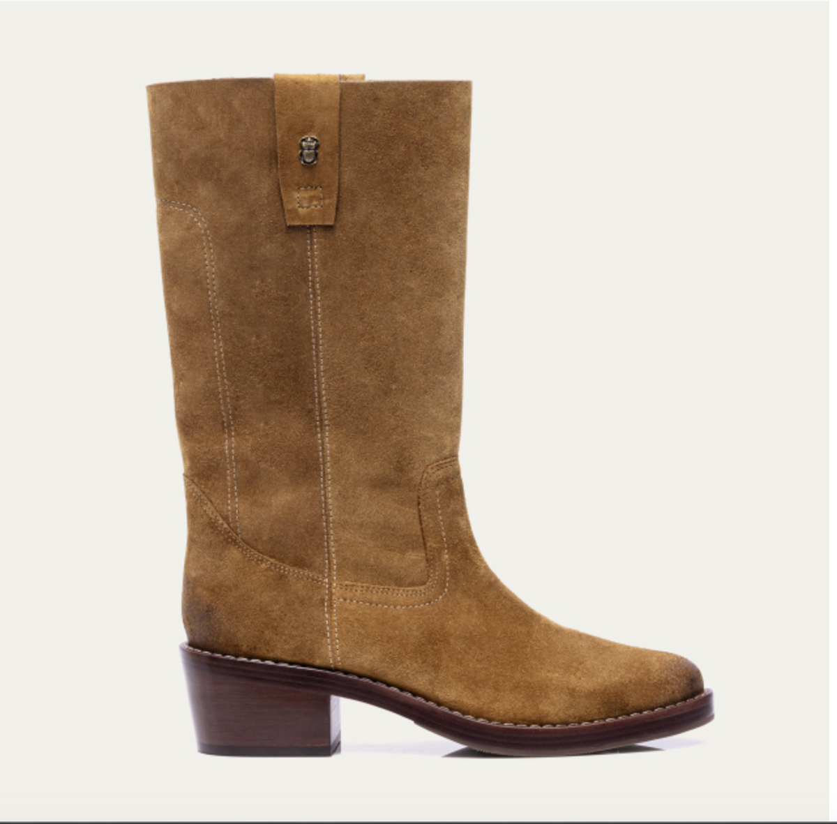 Sideview of Claris Virot Maddie Camargue Boots in Cappuccino Suede 
