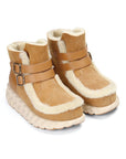 Pair of tan winter boots with white fur lining on a white background