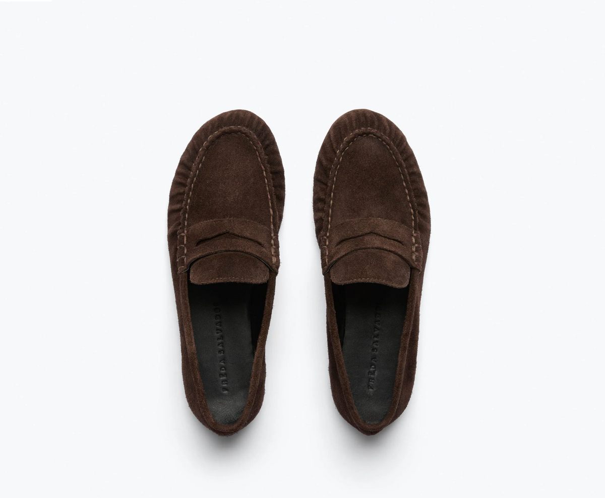 Top of Freda Salvador Sydney Ruched Penny Loafer Espresso Suede 