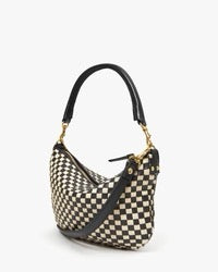 clare v petit moyen black and cream woven checker bag