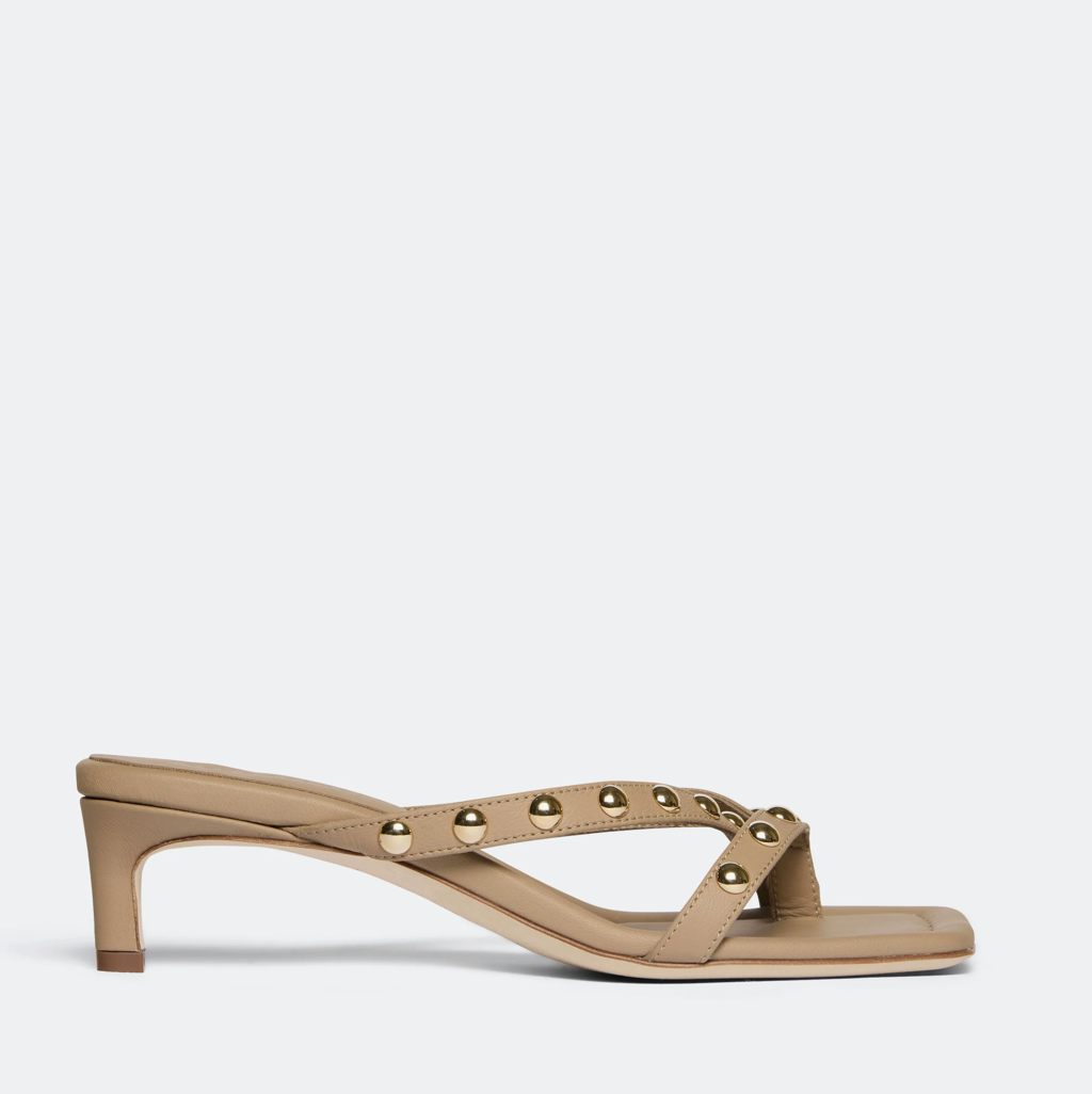 tan low heeled studded sandals